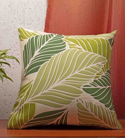 Green Floral Cotton 16 x 16 Inches Cushion Cover by Zeba