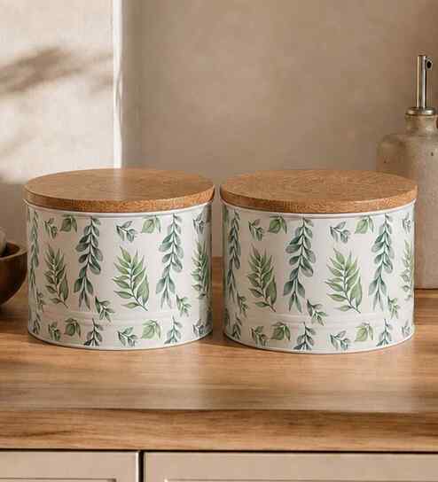 Green Leaf Printed Metal Airtight Containers With Wooden Lids Set Of 2-image-31