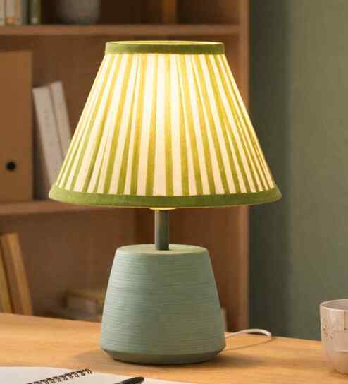 Green Matte Finish Table Lamp with Linear Stripe Shade