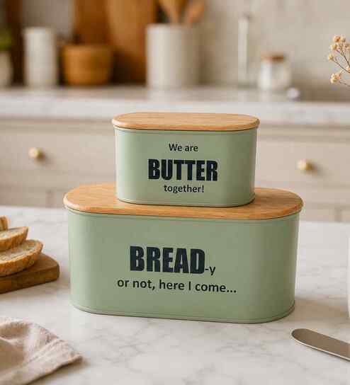 vareesha Green Metal Bread & Butter Box Set With Wooden Lids-picture-41