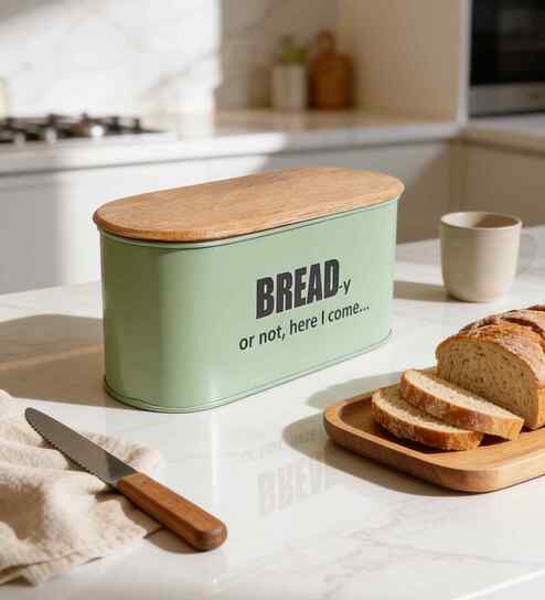 vareesha Green Metal Bread Box With Wooden Lid-picture-48