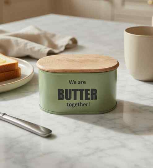 Green Metal Butter Box With Wooden Lid