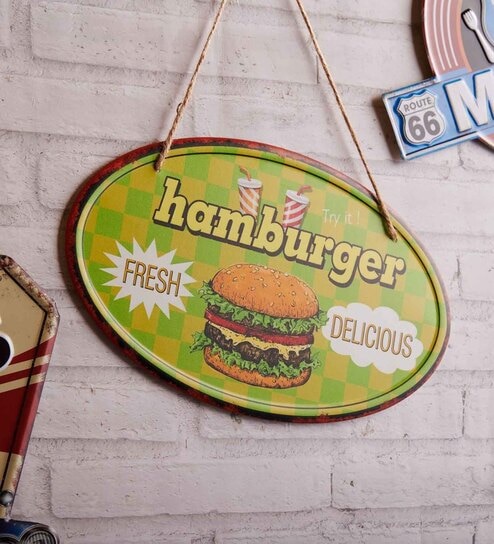Green Metal Fresh & Delicious Hamburger Wall Hanging