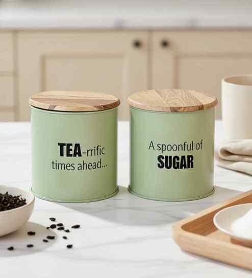 Green Metal Small Tea & Sugar Containers With Wooden Lids Set Of 2-image-24