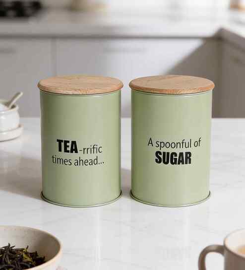 Green Metal Tea & Sugar Containers With Wooden Lids Set Of 2-image-20