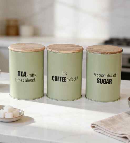 Green Metal Tea, Sugar & Coffee Containers With Wooden Lids Set Of 3-image-21