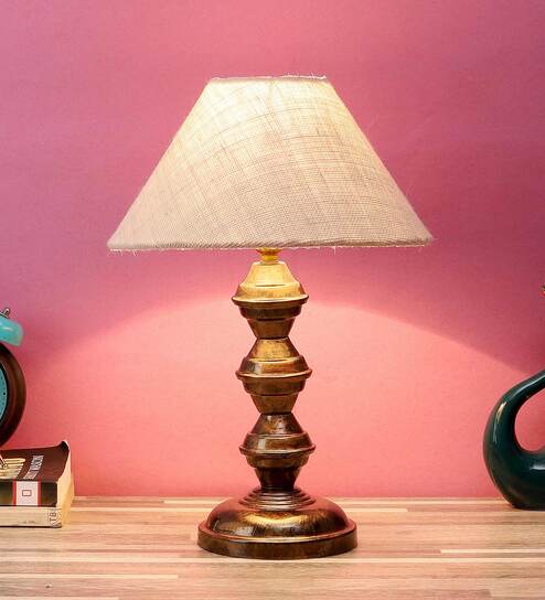 Green Natural Fiber Shade Table Lamp With Copper Base By Foziq