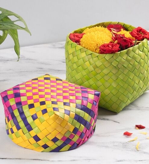 Green Palm Leaf Handmade Square Basket With Lid