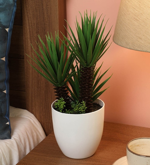 Green Plastic Artificial Palm Bonsai with Pot
