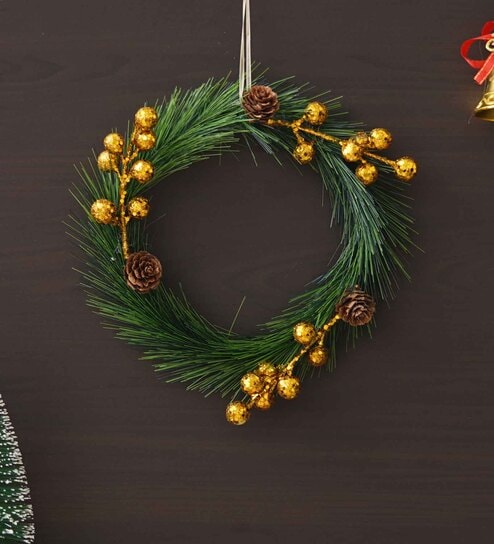 Green Christmas Wreath With Gold Balls and Flowers Decorative Ornaments