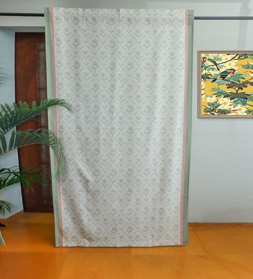 Green Polycanvas Floral 7ft Blackout Fabric Loops Door Curtain by Zeba