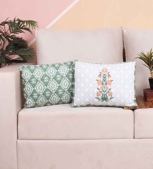 Green Polycotton Floral 12x18 inches Cushion Covers (Pack of 2) by STITCHNEST