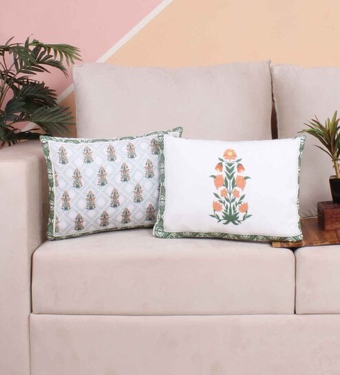 Green Polycotton Floral 12x18 inches Cushion Covers (Pack of 2) by STITCHNEST