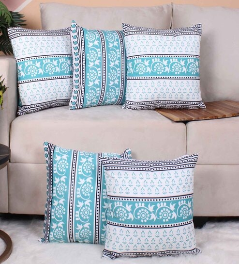 Green Polycotton Floral 16x16 inches Cushion Covers (Pack of 5) by STITCHNEST