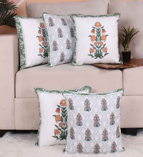 Green Polycotton Floral 16x16 inches Cushion Covers (Pack of 5) by STITCHNEST