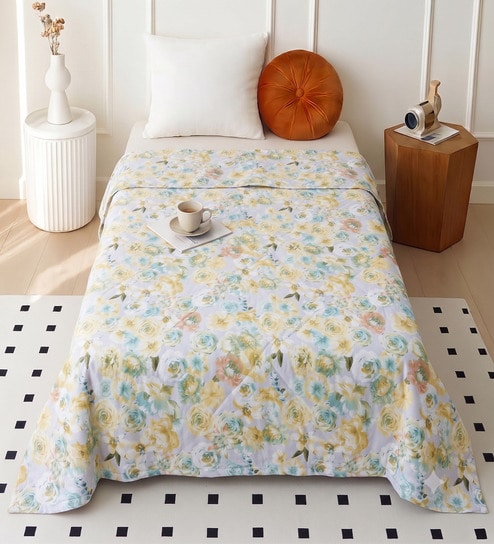 Blue Polycotton Floral 300 GSM Single Bed Reversible Quilted Comforter