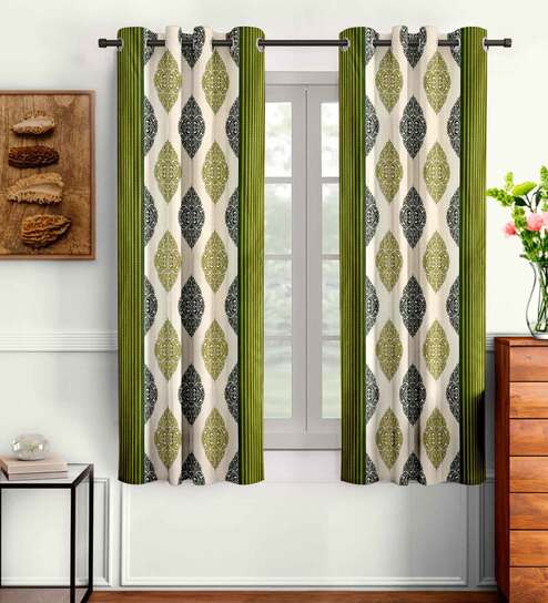 Green Abstract Polyester 5 Ft Semisheer Eyelet Window Curtains (Set of 2)