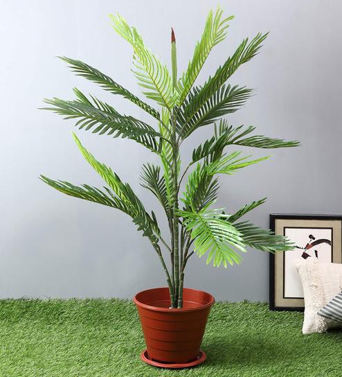 Green Polyester Artificial Areca Palm Plant Without Pot
