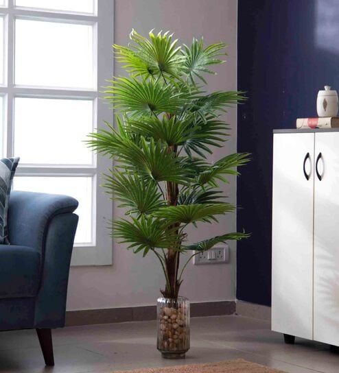 Polyester Green Bottle Fan Without Pot Artificial Plants
