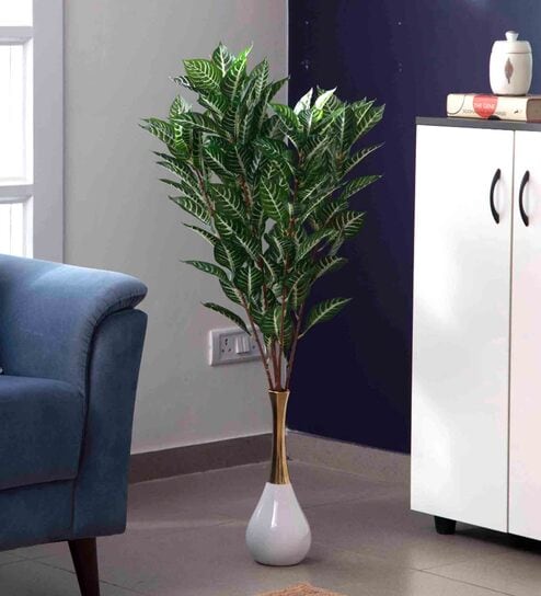 Polyester Green Zebra With Medium Leaves Without Pot Artificial Plants