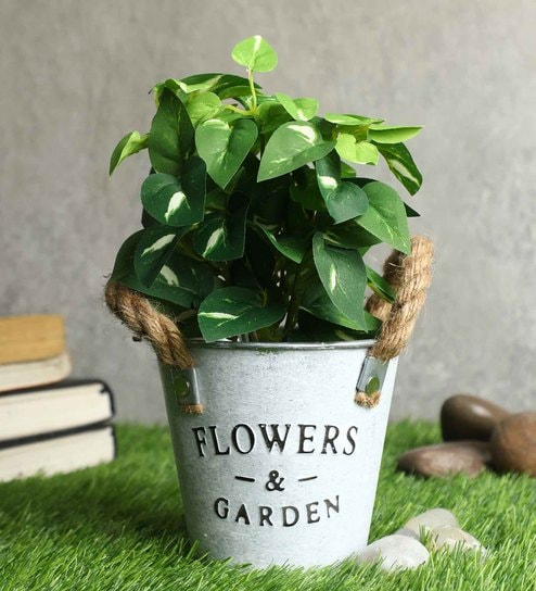 Green Polyester Begonia Artificial Bonsai With Metallic Pot