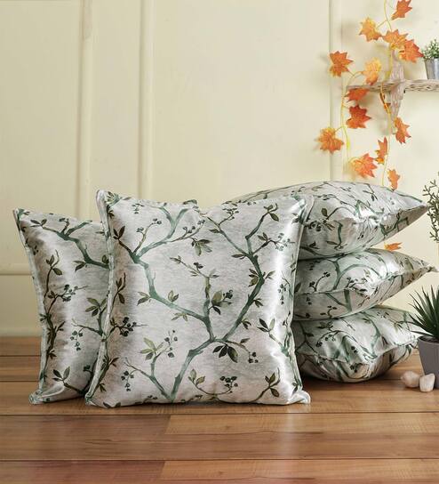 Green Floral Polyester Blend 16 x 16 Inches Cushion Covers (Set of 5)