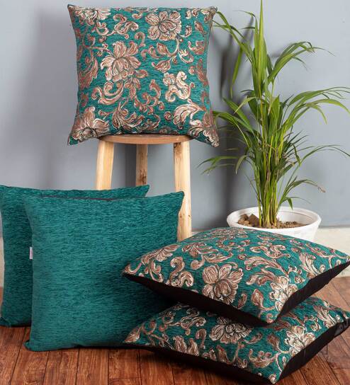 Green Floral Polyester 16 x 16 Inches Cushion Covers (Set of 5) by Cazimo