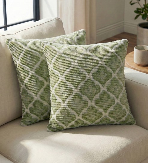 Green Polyester Floral 16x16 inches Cushion Covers Set of 2