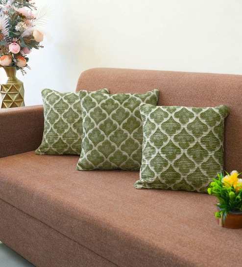 Green Polyester Floral 16x16 inches Cushion Covers Set of 3