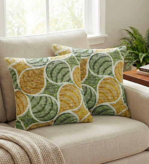 Green Polyester Floral 18x18 inches Cushion Covers Set of 2