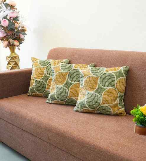 Green Polyester Floral 18x18 inches Cushion Covers Set of 3