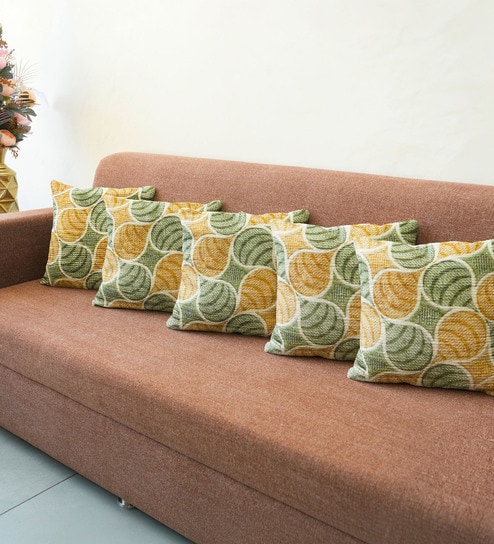 Green Polyester Floral 18x18 inches Cushion Covers Set of 5