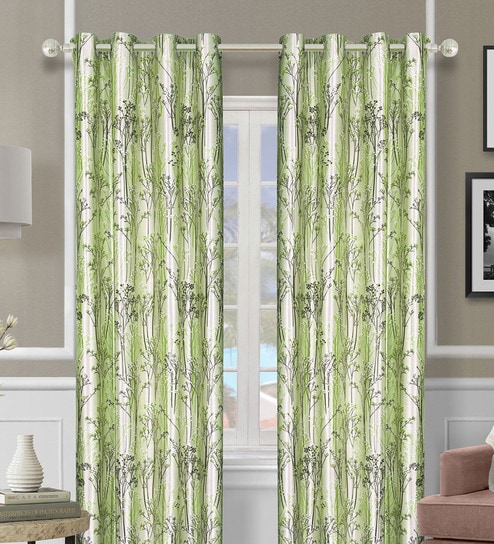 Green Polyester Floral Light Filtering Eyelet 7 Feet Door Curtains (2 Pc)