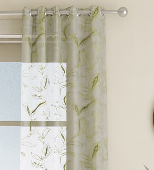 Green Floral Polyester 7 Ft Sheer Eyelet Door Curtain by GM Fabrics