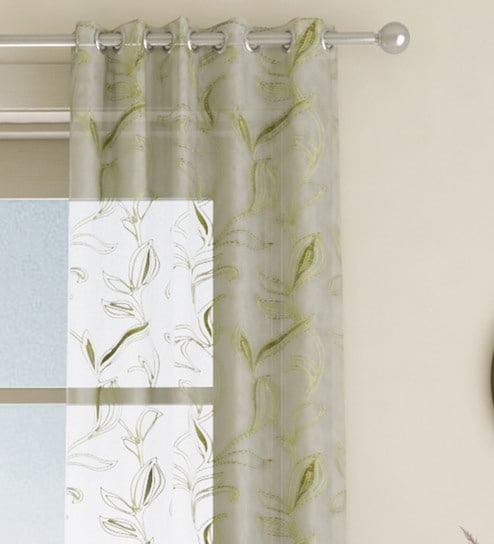 Green Floral Polyester 7 Ft Sheer Eyelet Door Curtain by GM Fabrics