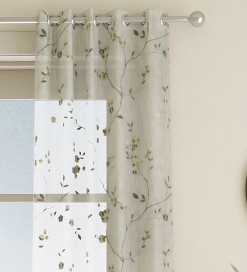 Green Floral Polyester 7 Ft Sheer Eyelet Door Curtain