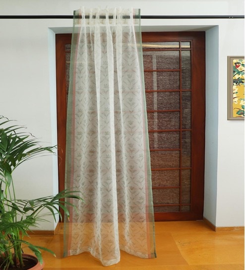 Green Polyester Floral 7ft Sheer Fabric Loops Door Curtain by Zeba