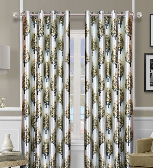 Green Polyester Floral Light Filtering Eyelet 9 Feet Door Curtains (2 Pc)