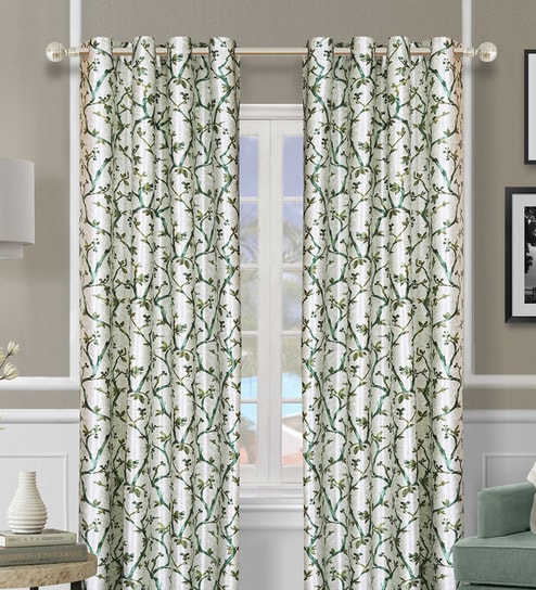 Green Polyester Floral Light Filtering Eyelet 9 Feet Door Curtains (2 Pc)