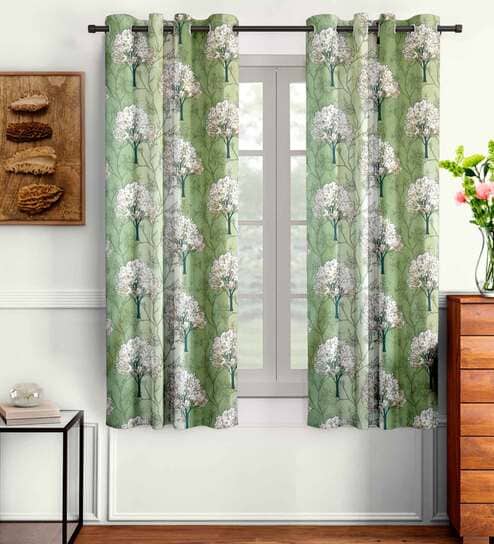 Green Floral Polyester 5 Ft Semisheer Eyelet Window Curtains (Set of 2)