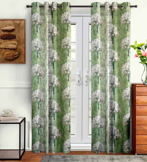 Green Floral Polyester 7 Ft Semisheer Eyelet Door Curtains (Set of 2)