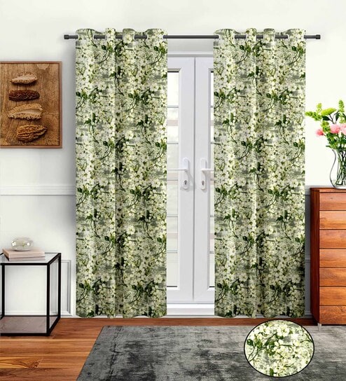 Green Polyester Floral 9ft Semisheer Eyelet 2 Pc Long Door Curtains