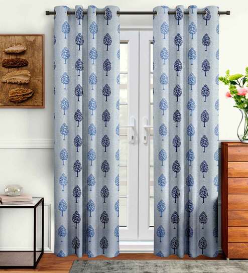 Blue Floral Polyester 9 Ft Semisheer Eyelet Door Curtains (Set of 2) by Cortina