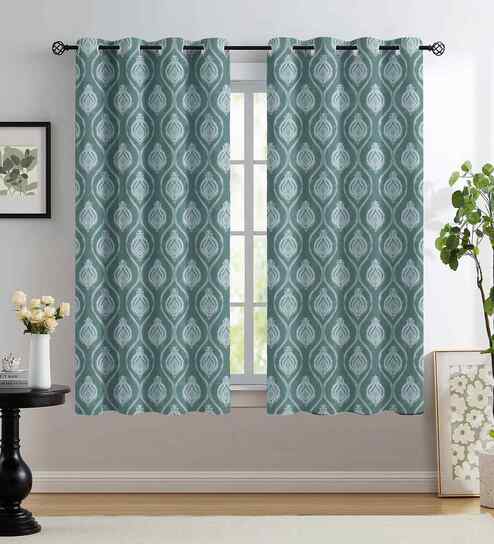 Green Polyester Geometric 5ft Regular Eyelets Window Curtain (2 Pc)