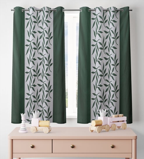 Green Polyester Leaf 5ft Blackout Eyelet Door Curtain (2 Pc)