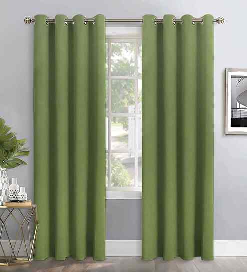 Green Polyester Solid 9ft Greenout Eyelet Door Curtain (2 Pc)
