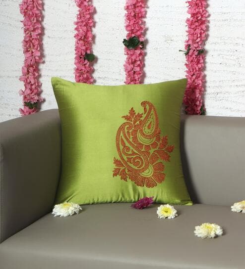 Green Polyester Traditional 16x16 inches Cushion Covers (1pc) by Zeba