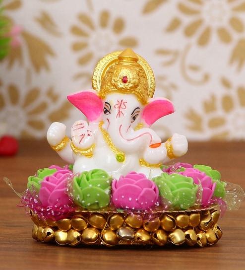 Lord Ganesha Green & Pink Polyresin Idol