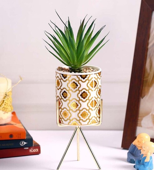 Polyurethane Green Succculent In Ceramic Pot With Metallic Stand Artificial Plants