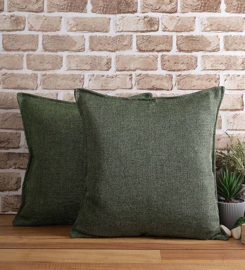 Green Solid Jute 18 x 18 Inch Cushion Covers (Set of 2)